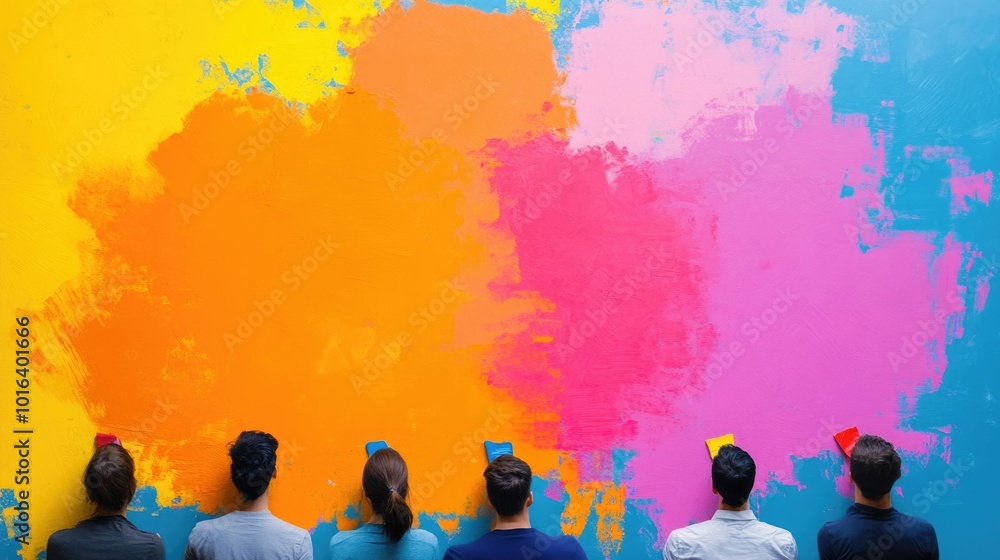 Poster vibrant group of business professionals collaborating and brainstorming together to create a colorfu