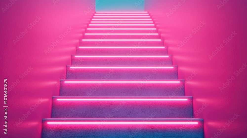 Poster bright neon lines forming an abstract staircase leading upward representing the path to creative bus
