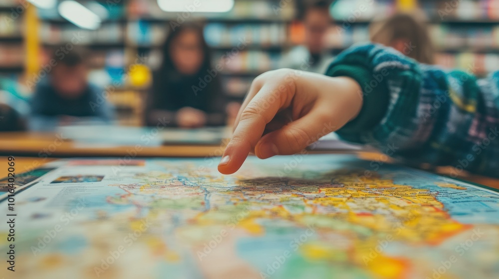 Poster a child's hand points at a map on a table, surrounded by people in a library setting.