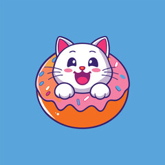 Cute White Cat Inside Glazed Donut Vector Icon Illustration.