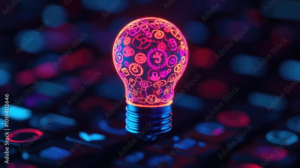 Poster a lightbulb made of interconnected gears and icons symbolizing the complex ideas mechanical creativi
