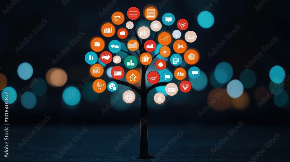 Poster glowing abstract tree made of a vibrant array of digital icons symbolizing the growth and connection