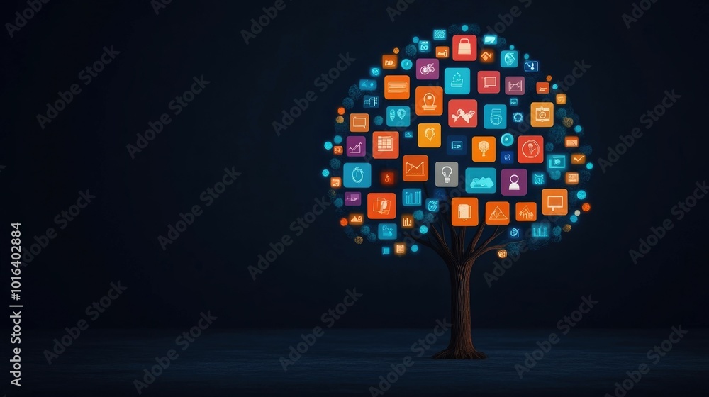 Poster glowing abstract tree made of digital icons representing the growth innovation and technological adv