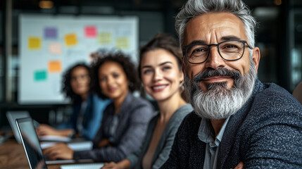 Obraz premium A diverse group of professionals engages in a productive team meeting in a modern office. They demonstrate collaboration and leadership while brainstorming ideas.