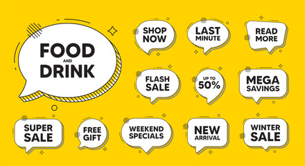 Offer speech bubble icons. Food and Drink tag. Kitchen food offer. Restaurant menu. Food and Drink chat offer. Speech bubble discount banner. Text box balloon. Vector
