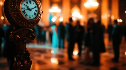 A vintage clock stands out in a dimly lit gathering of elegantly dressed people.
