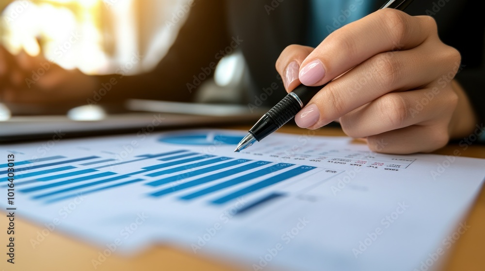 Poster a business professional analyzes data with graphs and charts on a table.