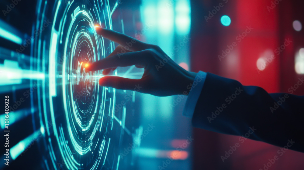 Poster a person interacting with a futuristic touch interface in a dimly lit modern environment showcasing 