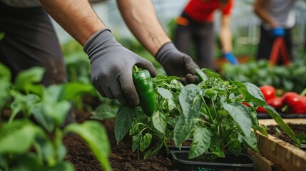 Fototapeta premium A person harvesting green peppers in a greenhouse surrounded by plants.