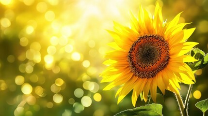 Obraz premium Bright yellow sunflower in a field, its petals glowing in the sunlight with realistic, detailed texture