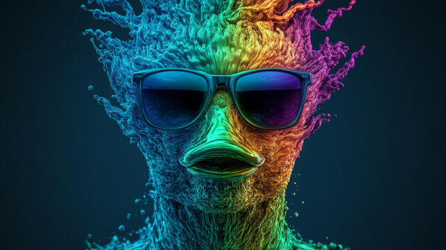 A colorful abstract face with sunglasses, created using liquid dynamics and rendered in 3D.