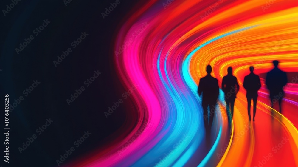 Poster vibrant abstract visual of a business meeting or setting with colorful glowing lines and silhouetted