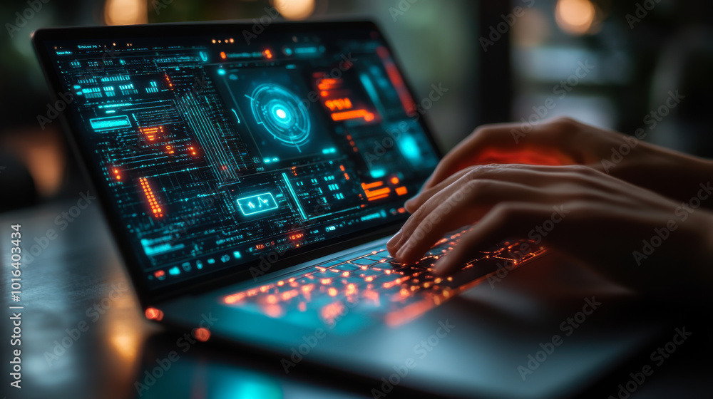 Poster person working on a laptop displaying futuristic data analysis in a modern urban setting during the 