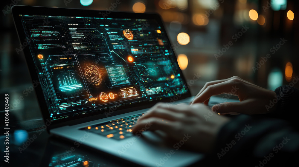 Poster person working on a laptop displaying futuristic data analysis in a modern urban setting during the 