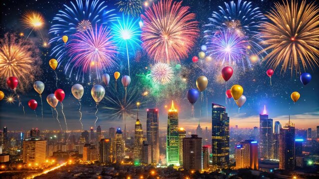 Vibrant fireworks explode in the night sky above a glittering cityscape as confetti and balloons swirl, symbolizing joy, hope, and prosperity in the new year.