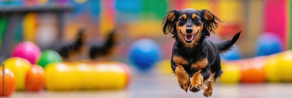 Wall mural A happy dog joyfully running in a colorful play area filled with toys.