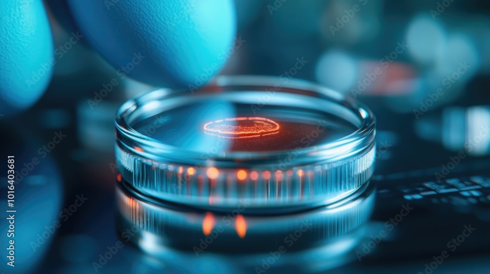Poster close up view of a magnifying glass carefully focused on a tiny defect or flaw in the surface of a m