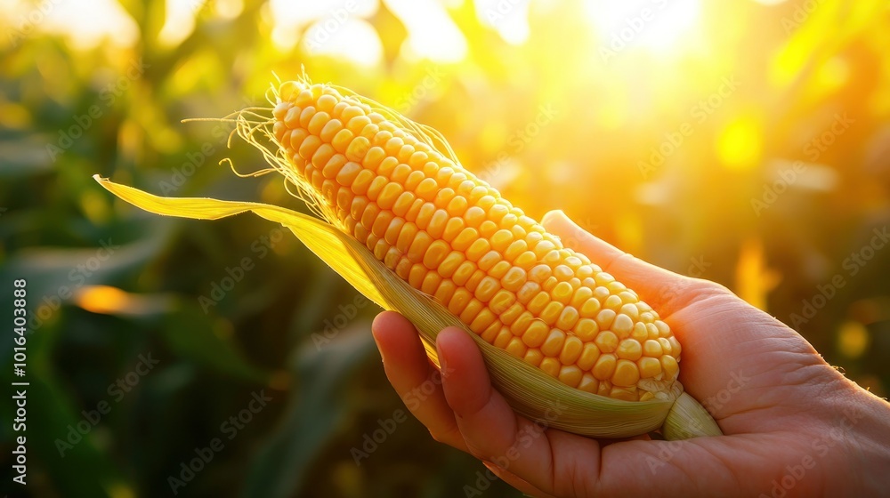 Wall mural A hand holding a ripe ear of corn in a sunlit field.