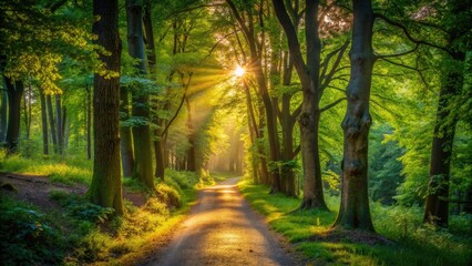 Fototapeta premium A calm pathway leads through lush green trees in a sun-kissed forest, where soft, dappled light creates a peaceful, enchanting atmosphere.