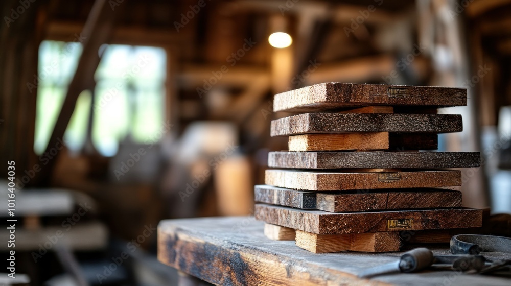 Poster a stack of wooden planks arranged on a workbench in a rustic workshop setting.