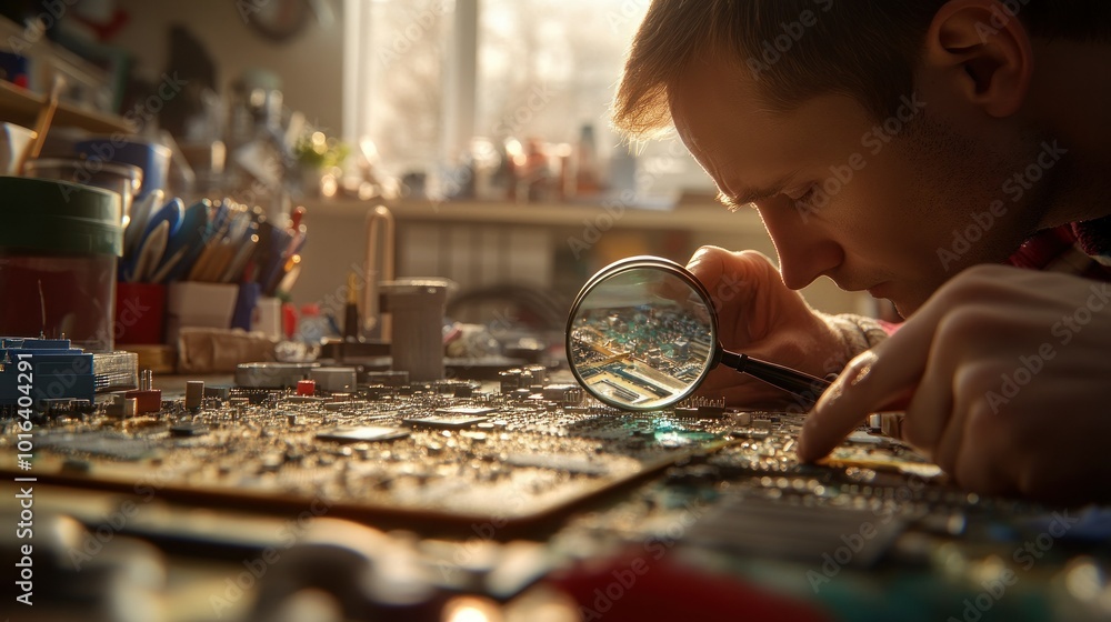 Poster a person examining a circuit board with a magnifying glass in a workshop setting.