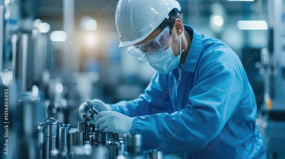 Poster engineer inspecting mechanical part with precision measurement tools in manufacturing facility conce