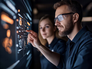Two professionals engage with a digital interface, analyzing data and collaborating in a modern workspace. Their focus highlights innovation and teamwork.
