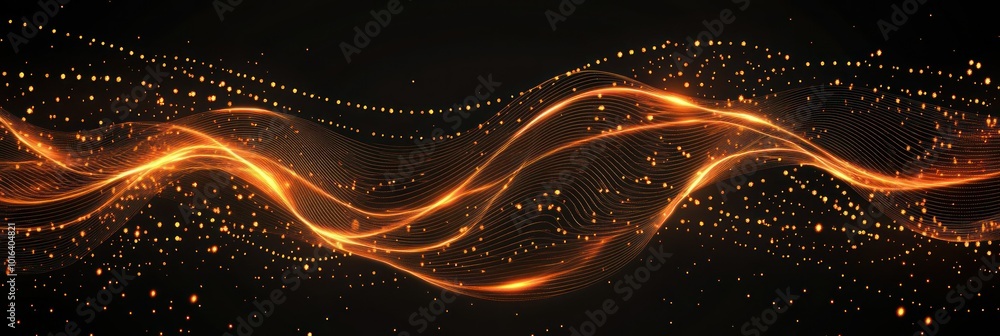 Poster abstract wave design with glowing particles on a dark background.