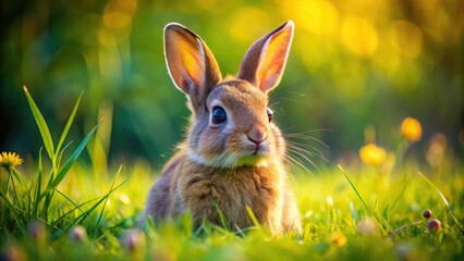 Adorable Bunny Rabbit Sitting in Grass with Bright Eyes and Fluffy Fur in a Sunny Outdoor Setting