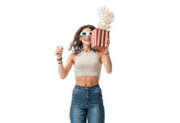 Happy woman watching movies and jumping