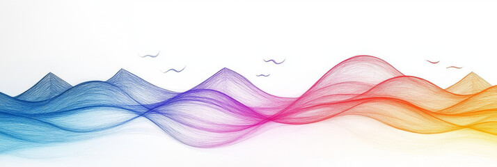 Abstract waves in blue, purple, pink, and orange shades with a white background and flying birds.