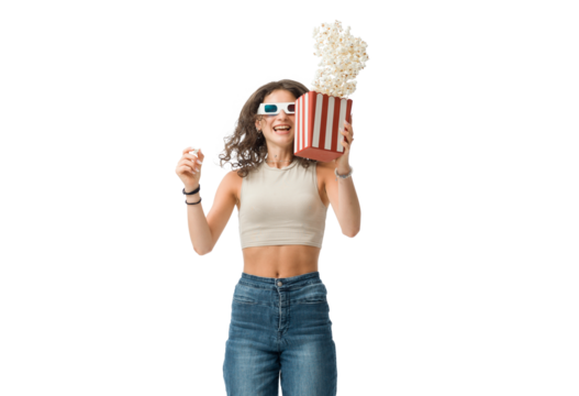 Happy woman watching movies and jumping