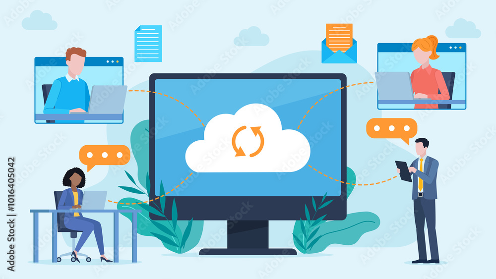 Poster flat design illustration. connecting users of different devices via the cloud. some people are at wo