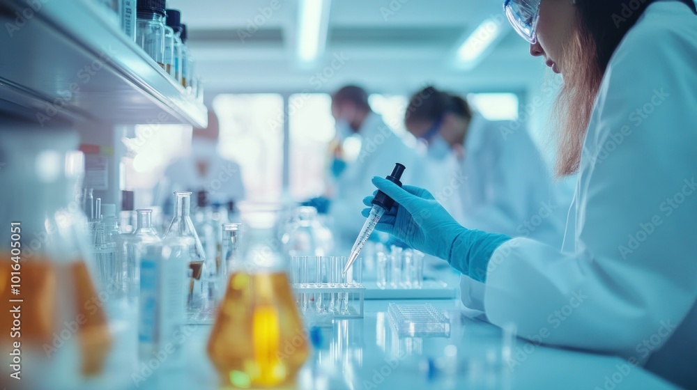 Poster Scientists conducting experiments in a laboratory with glassware and pipettes.