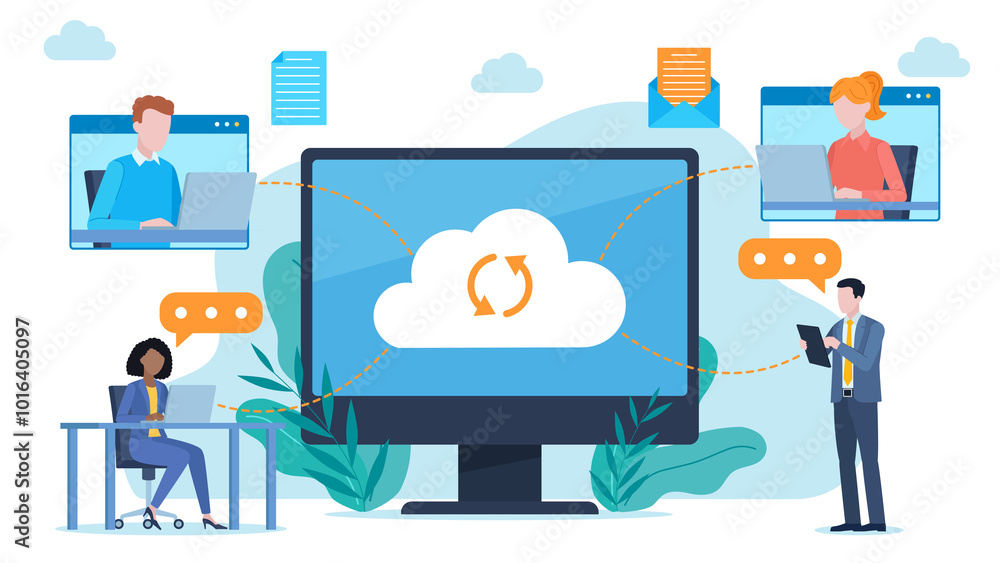 Poster connecting users of different devices via the cloud. some people are at work, some connect via messe
