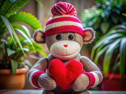 Adorable Valentine Sock Monkey Holding a Heart for a Perfect Romantic Gift or Decor Idea