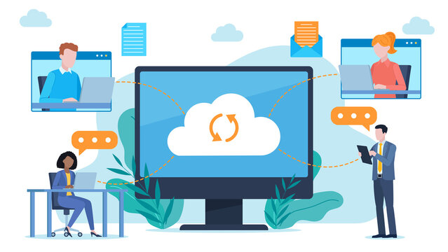 Connecting users of different devices via the cloud. Some people are at work, some connect via messenger. They send email, and documents. Flat design illustration. 