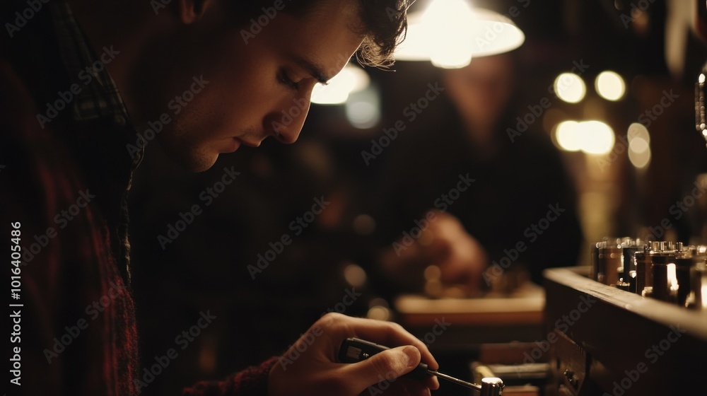 Poster a focused individual works on a mechanical device in a dimly lit environment.