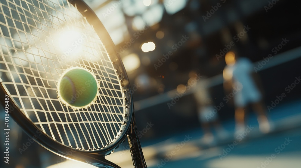 Wall mural A close-up of a tennis racket and ball, with players blurred in the background.