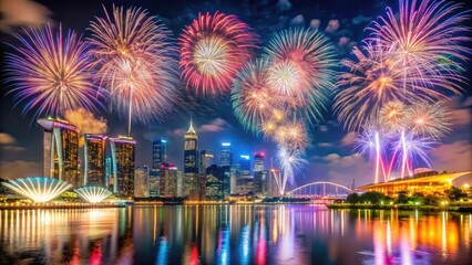 Fototapeta premium Vibrant fireworks explode over Marina Bay Sands during Singapore's annual New Year's Eve celebration, surrounded by gleaming cityscape and joyful revelers amidst confetti and balloons.