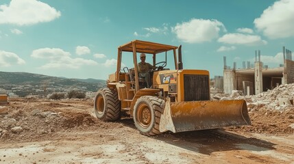 Obraz premium A construction worker operating a bulldozer on a building site with a mountainous backdrop.