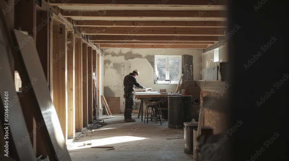 Poster a person working in a partially constructed room, focused on a project.