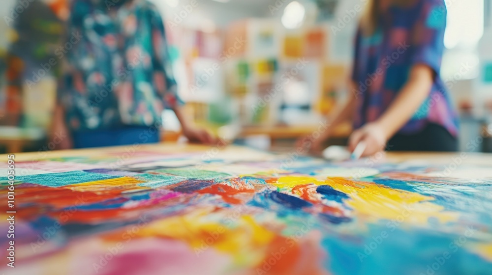 Poster a vibrant painting session with two individuals creating art in a colorful studio.