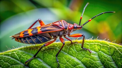 Fototapeta premium A Leaf Footed Bug in sharp focus on a lush green leaf, showcasing its unique attributes amidst its natural setting.