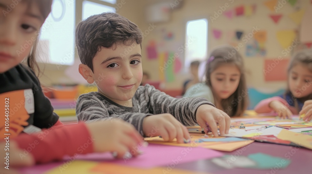 Sticker Children engaged in creative activities with colorful paper and materials in a classroom setting.