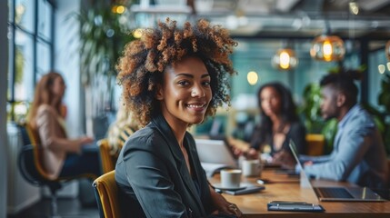 A group of diverse professionals brainstorming in a modern office conference room, discussing ideas with digital devices