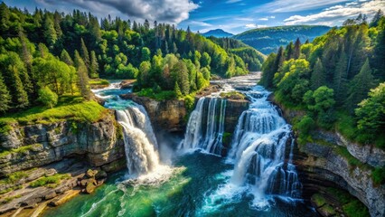Fototapeta premium A magnificent waterfall descends rocky heights, enveloped by rich, green trees beneath a serene, clear blue sky, showcasing nature's awe-inspiring beauty.
