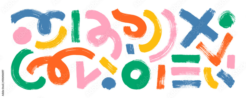 Poster collection of various colorful geometric shapes and curved thick lines. funky grunge doodle elements