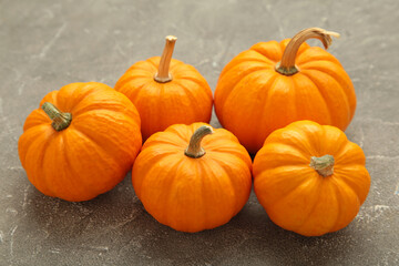 Mini orange pumpkins on grey concrete background.