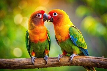 Fototapeta premium Amidst a lush environment, lovebirds flaunt their colorful feathers, affectionately playing and interacting joyfully as pairs, embodying the beauty of their natural behavior.